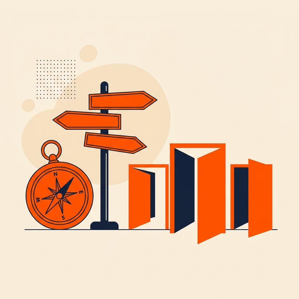 A flat illustration of a compass and signpost pointing toward several open doors, symbolizing choosing a career direction — cover image for "Become Financial Planner Without Degree: Your India Roadmap From a Non-Finance Background"