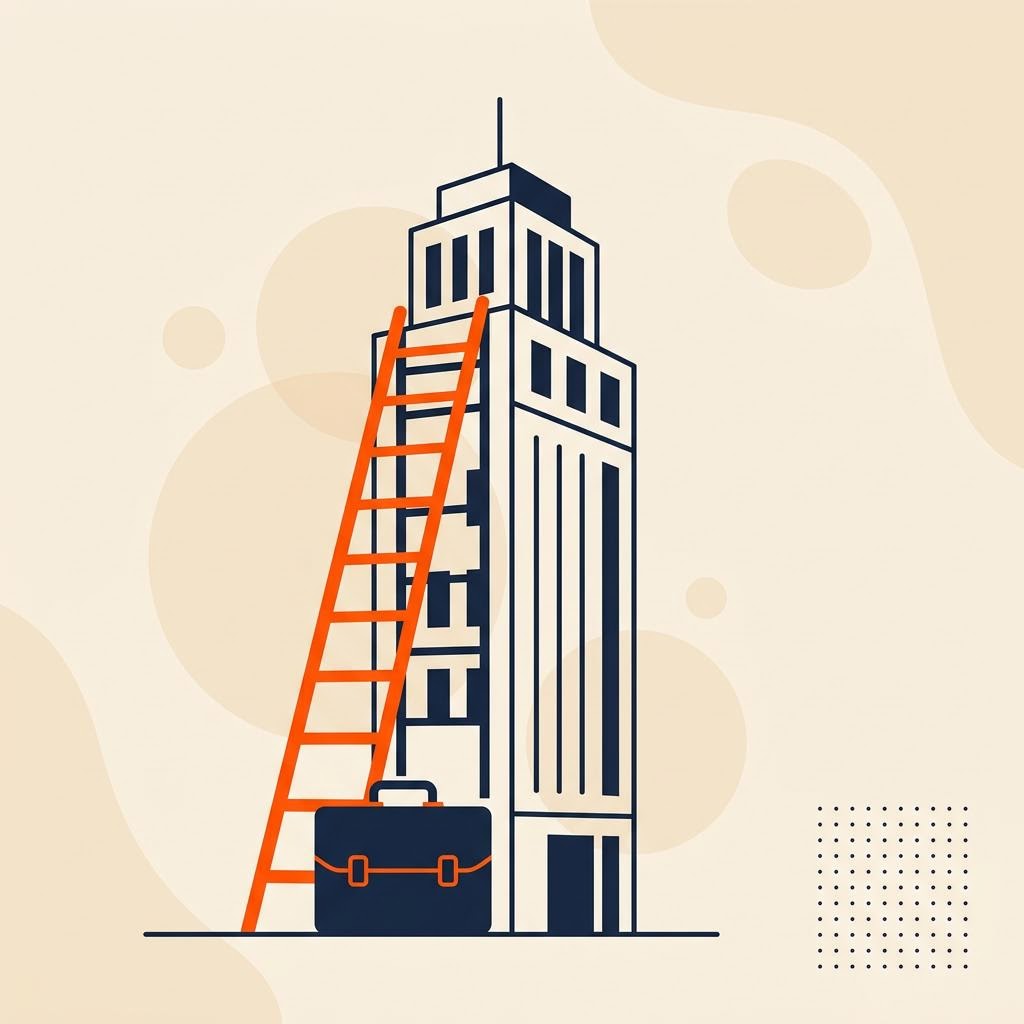 A flat illustration of a ladder leaning against a tall building beside a briefcase, symbolizing career progression — cover image for "How SEBI investment adviser rules shape advisory career research"