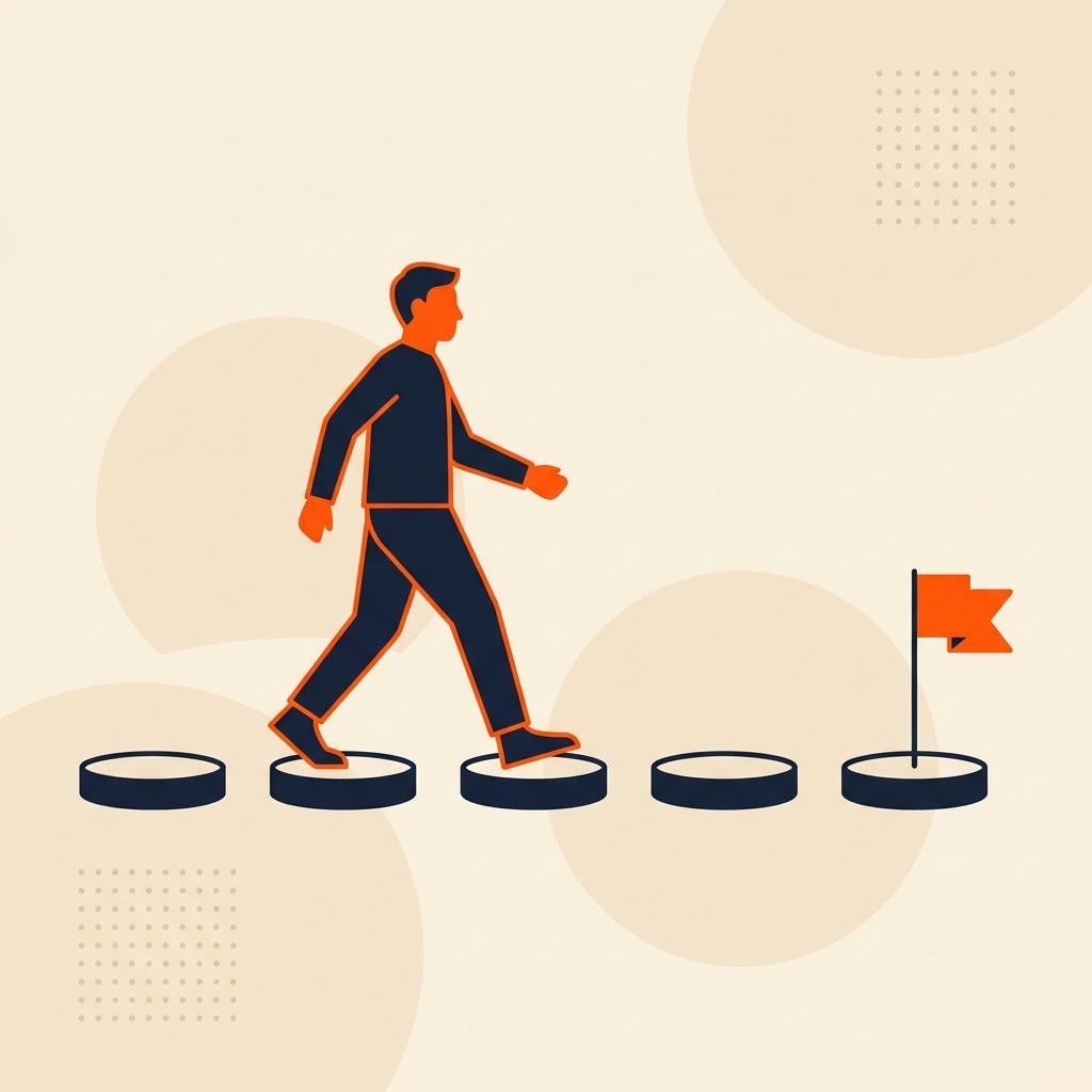 A flat illustration of a figure walking across stepping stones toward a flag, symbolizing reaching career milestones — cover image for "From Bank RM to Financial Planner: The Switch Guide"