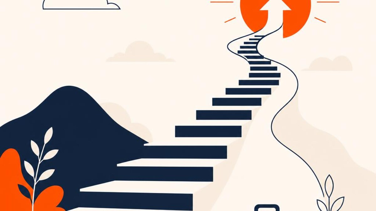 A flat illustration of a winding staircase climbing toward a rising sun, symbolizing career growth — cover image for "QPFP Career Change: How Switchers Use It to Enter Personal Finance"