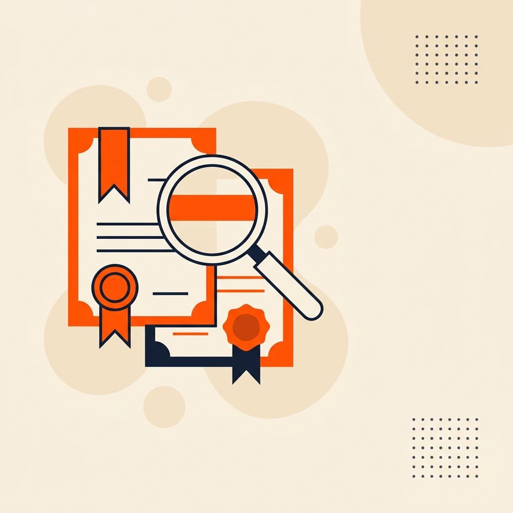 A flat illustration of two overlapping certificate documents under a magnifying glass, symbolizing comparing credentials — cover image for "QPFP vs CWM"