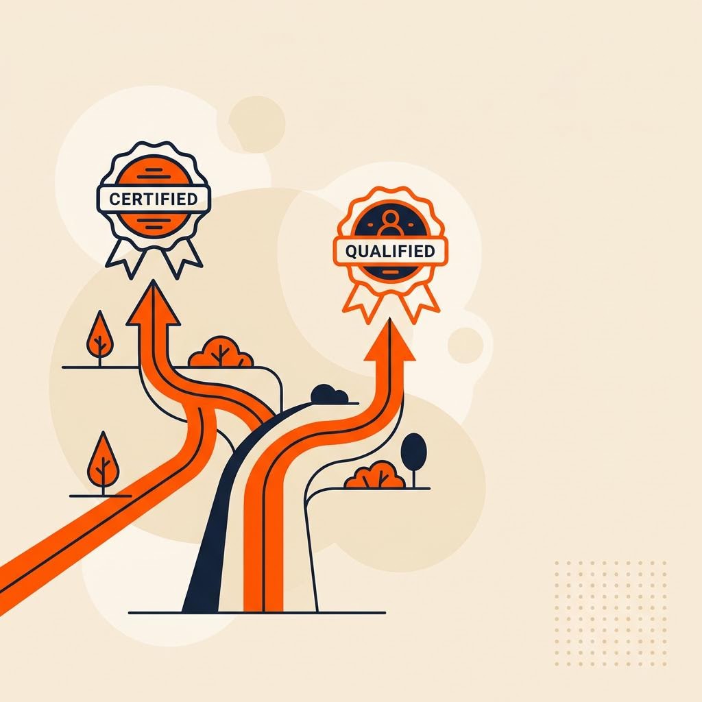 A flat illustration of two diverging paths leading to different certification badges, symbolizing choosing between certifications — cover image for "NISM VA vs XA/XB: What Each Unlocks"