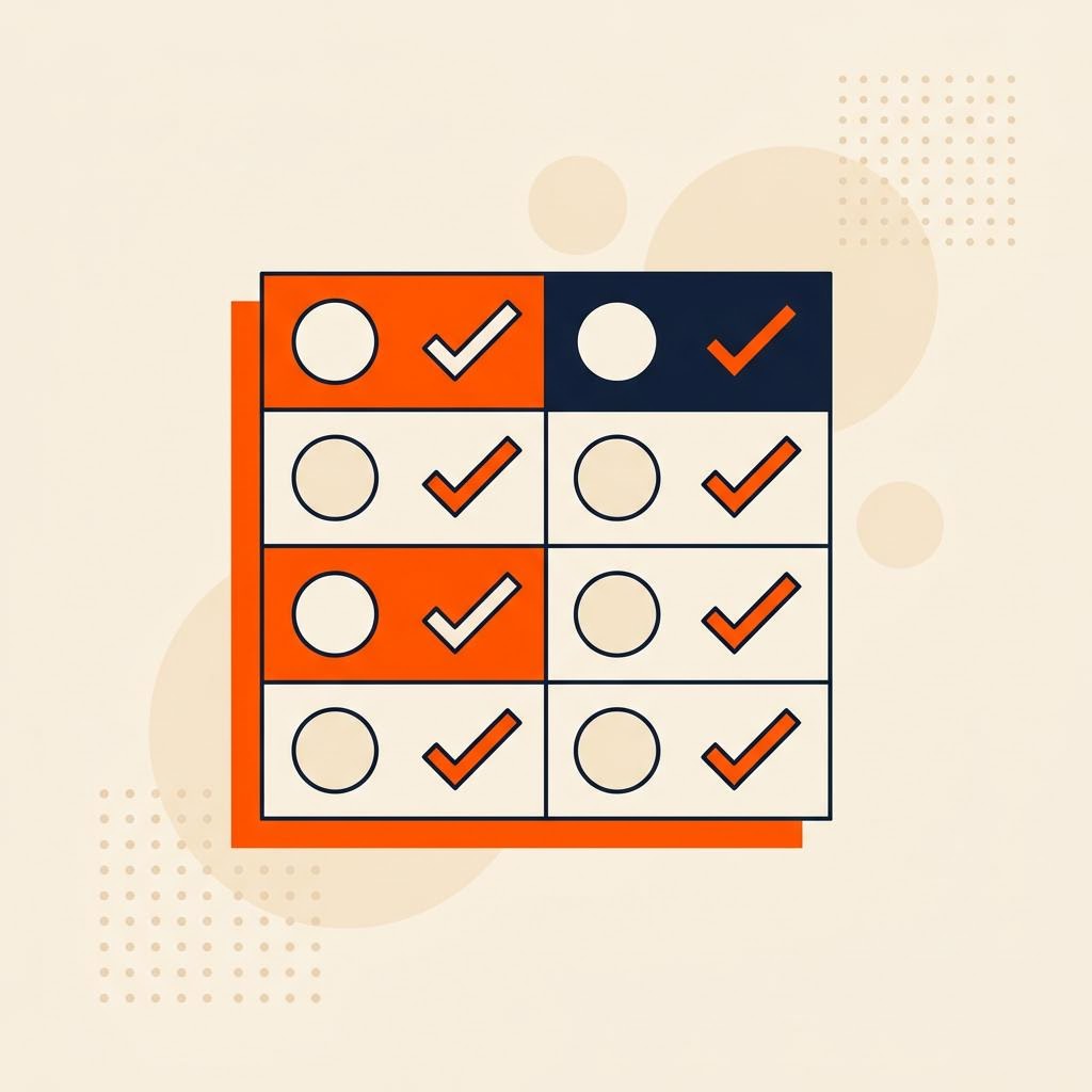 A flat illustration of a two-column checklist with matching checkmarks, symbolizing comparing qualifications — cover image for "NISM Series V-A and Series X-A: what the official objectives cover"