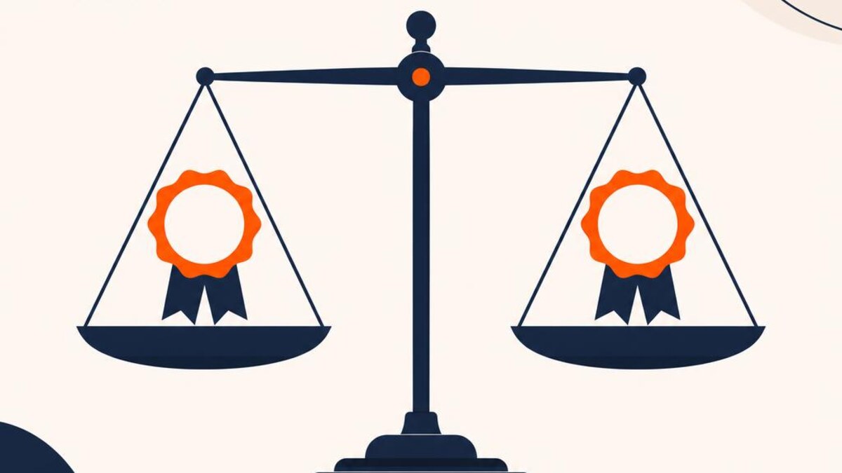 A flat illustration of a balance scale weighing two certification badges evenly, symbolizing comparing credentials — cover image for "QPFP vs CFA: Different Careers, Not Competing Exams"