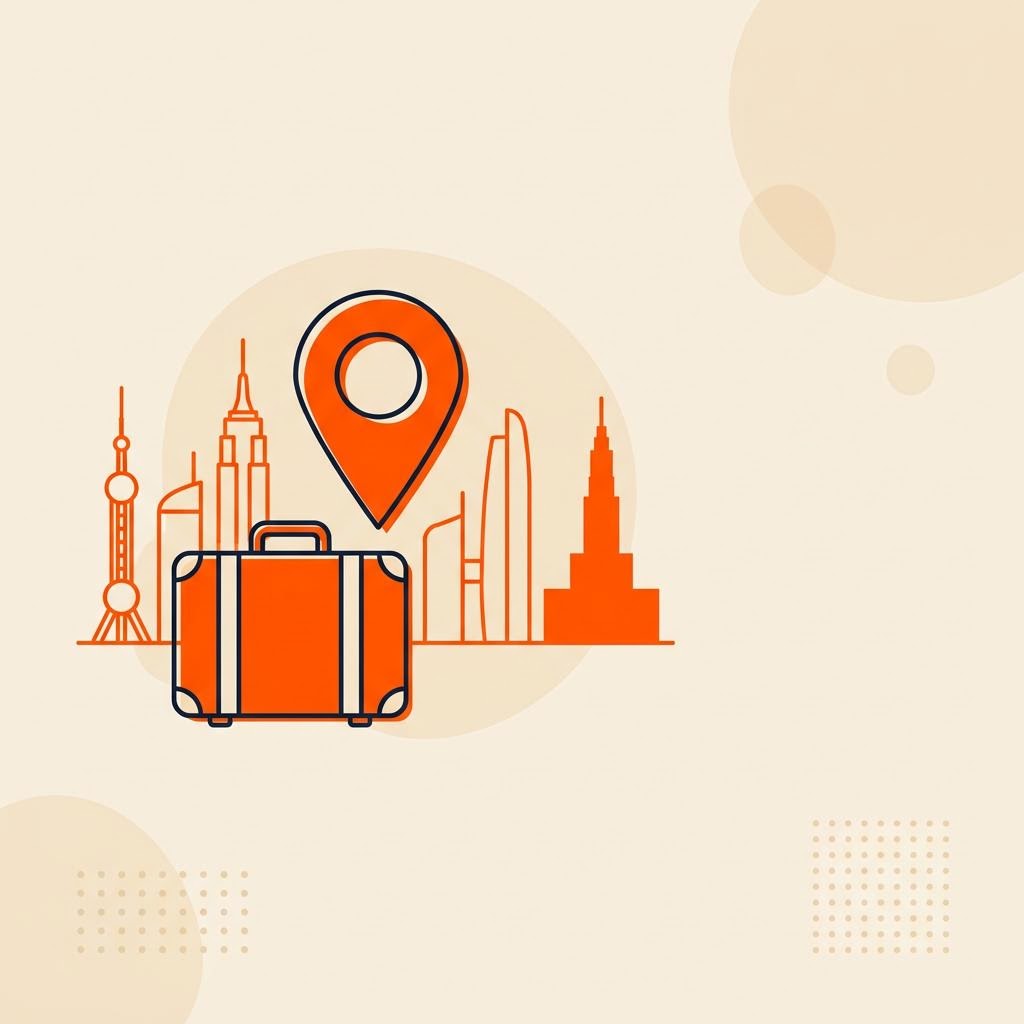 A flat illustration of a suitcase and location pin in front of city landmarks, symbolizing relocating for work — cover image for "Personal Finance Jobs Mumbai: Roles, Salaries & Certification Path"