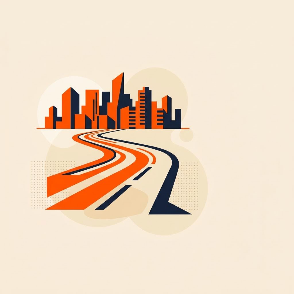 A flat illustration of a winding road leading toward a city skyline, symbolizing a city career journey — cover image for "Personal Finance Jobs Pune: Roles, Salaries & Certification Path"