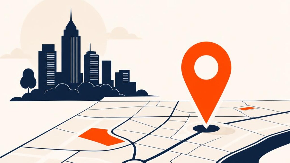 A flat illustration of a map with a location pin in front of a city skyline, symbolizing city-specific career guides — cover image for "Personal Finance Jobs Ahmedabad: Roles, Salaries & Certification Path"