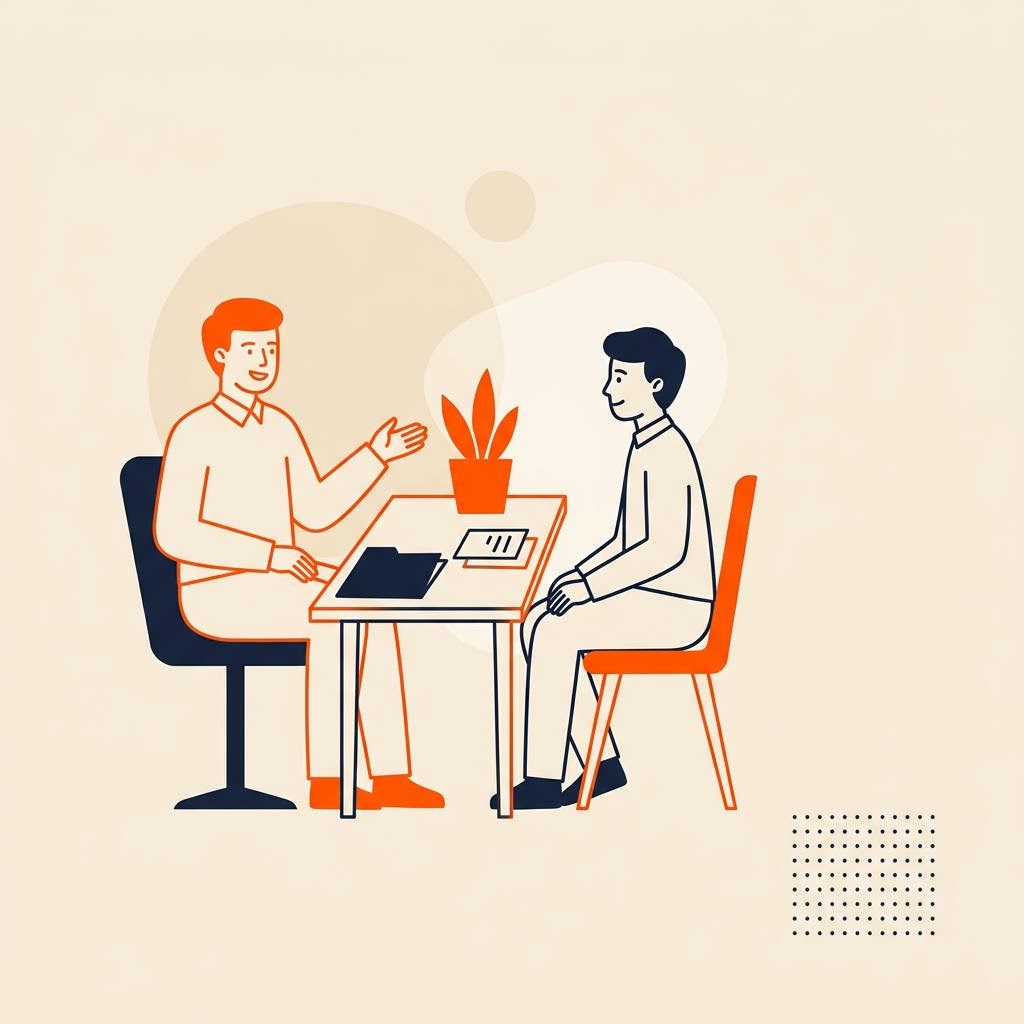 A flat illustration of two figures seated across a desk in a job interview, symbolizing a hiring conversation — cover image for "Campus Hiring Wealth Management: Building an Advisory Pipeline"