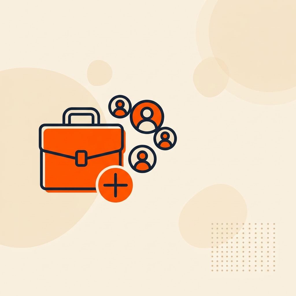 A flat illustration of a briefcase with a plus sign beside a cluster of profile icons, symbolizing building a hiring team — cover image for "Financial Planner Job Description: A Ready-to-Use Template"