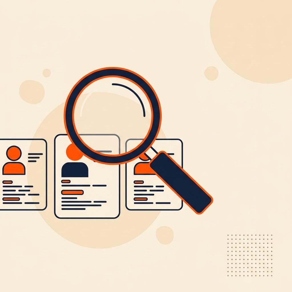 A flat illustration of a magnifying glass hovering over candidate profile cards, symbolizing recruitment search — cover image for "Hiring Financial Advisors Screening: How to Test for Competence, Not Just Sales Ability"
