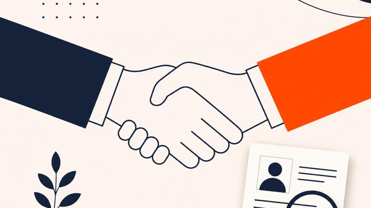 A flat illustration of a handshake beside a resume under a magnifying glass, symbolizing hiring and recruitment — cover image for "Relationship Manager Job Description India: A Ready-to-Use Wealth Template"