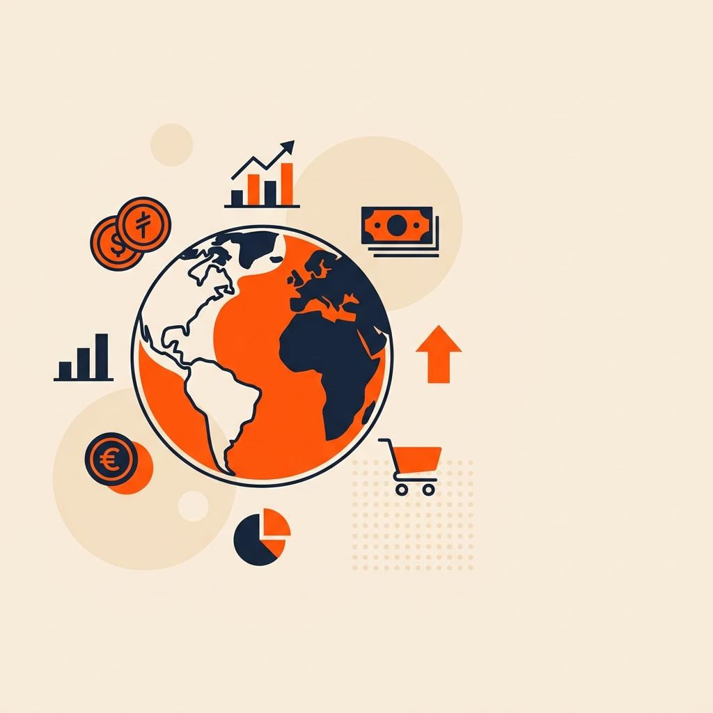 A flat illustration of a globe surrounded by orbiting finance icons, symbolizing the finance industry — cover image for "The Future of Financial Advisory India: What the Next Decade Holds"