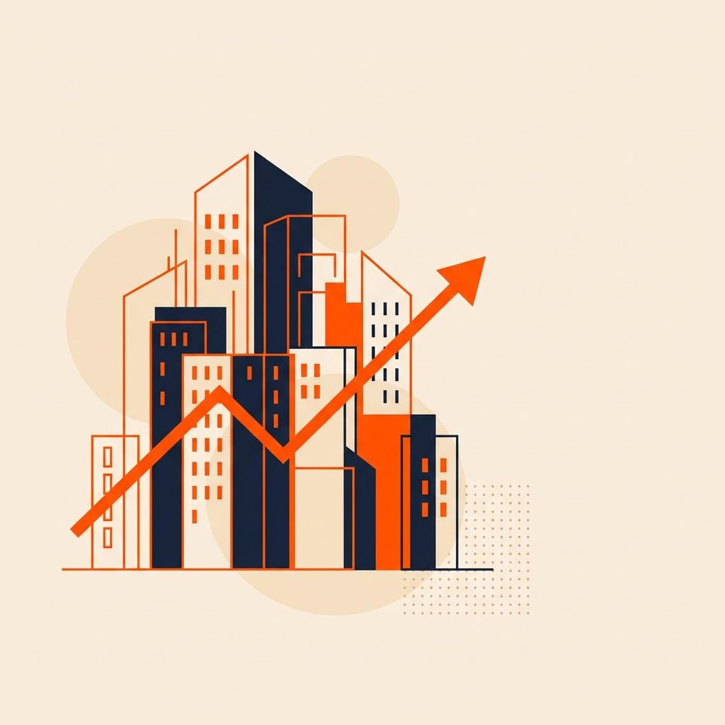 A flat illustration of overlapping office buildings crossed by a rising trend line, symbolizing industry growth — cover image for "Fee Only Financial Planner India: The Rise of This Advisory Model"