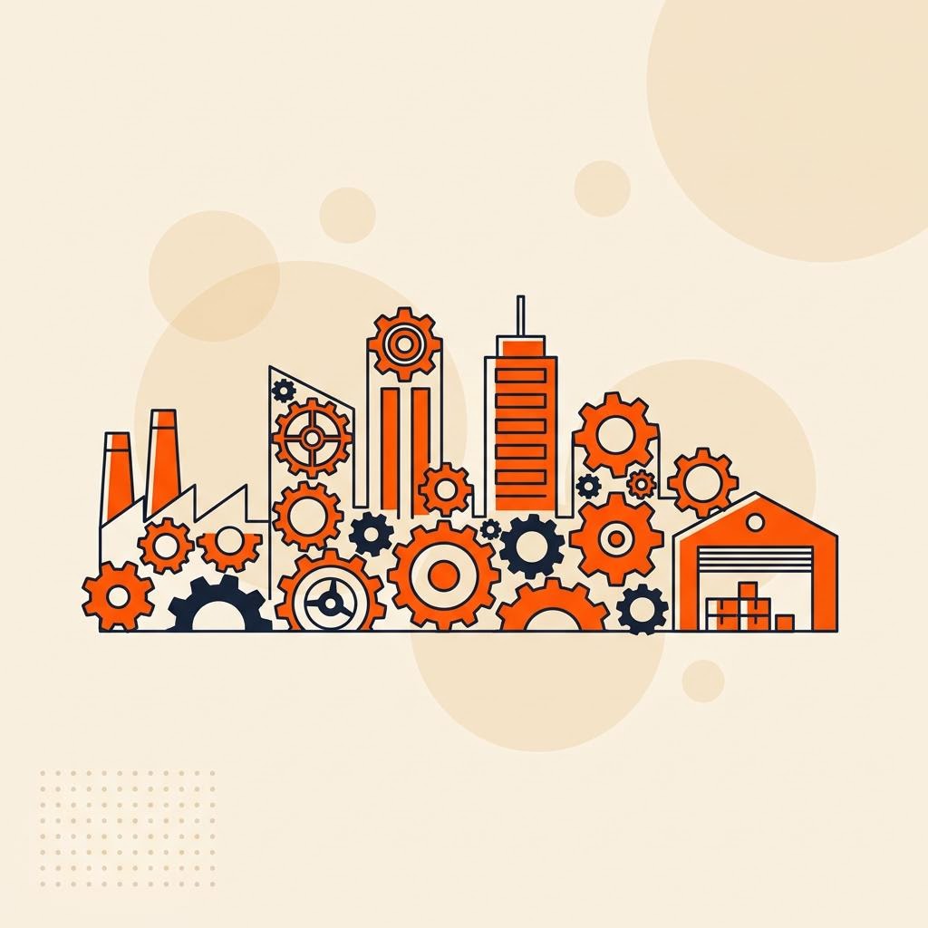 A flat illustration of interlocking gears forming a cityscape skyline, symbolizing an interconnected industry — cover image for "Financial Advisor Certification Standard India: Why It's Becoming the Norm"