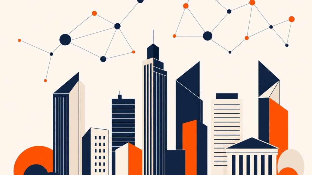 A flat illustration of a city skyline connected by a network of nodes, symbolizing the finance industry landscape — cover image for "Wealthtech India Advisors: What It Means for the Future of Human Advice"