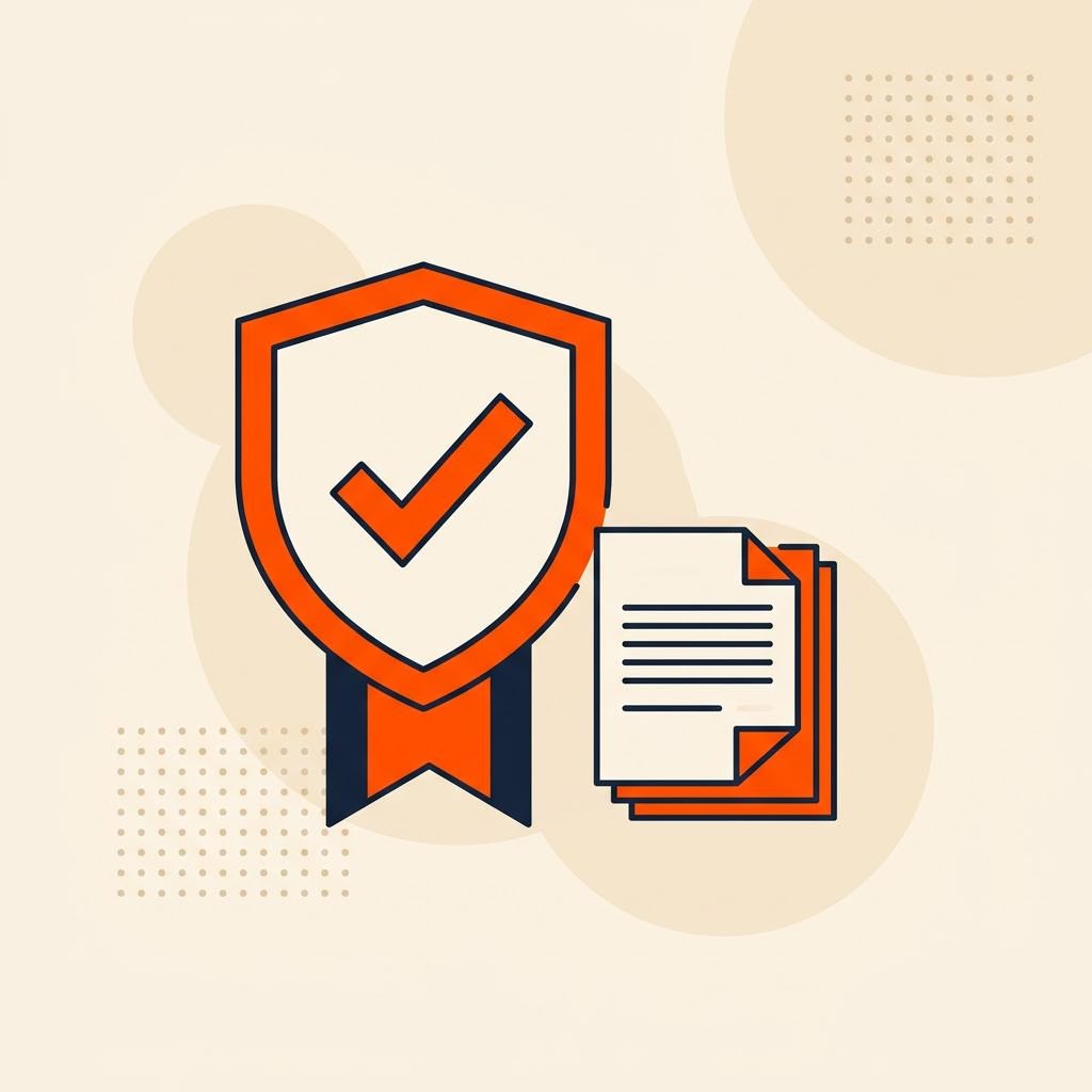 A flat illustration of a shield badge with a checkmark beside a stack of exam papers, symbolizing a certification exam — cover image for "QPFP certification programme: what the published structure covers"