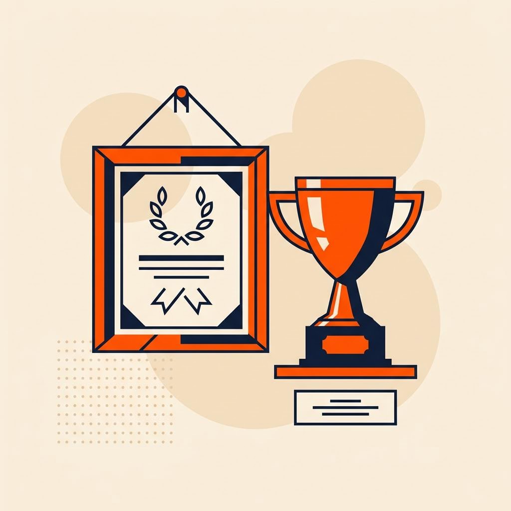 A flat illustration of a trophy cup beside a framed certificate, symbolizing achieving certification — cover image for "Inside the QPFP Syllabus: All Three Levels Explained"