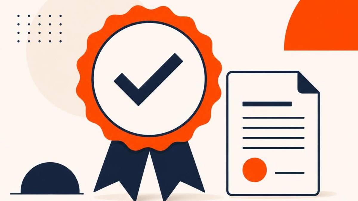 A flat illustration of a certification seal and ribbon beside a document, symbolizing professional credentialing — cover image for "QPFP Certification: The Complete Guide"