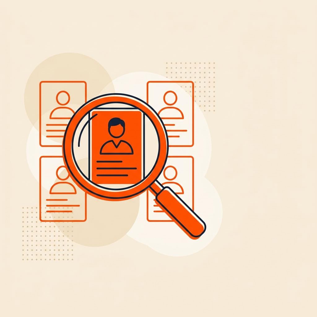 A flat illustration of a magnifying glass highlighting one profile card among several, symbolizing identifying a job role — cover image for "Mutual Fund Distributor Jobs India: Job Description, Salary, Skills & How to Get Hired"