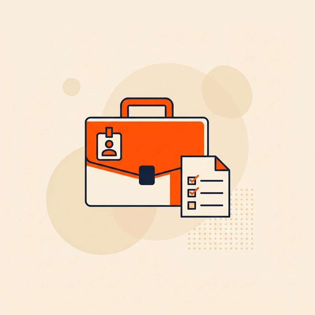 A flat illustration of a briefcase with a badge icon and checklist, symbolizing exploring a specific job role — cover image for "Investment Advisor RIA Jobs India: Job Description, Salary, Skills & How to Get Hired"