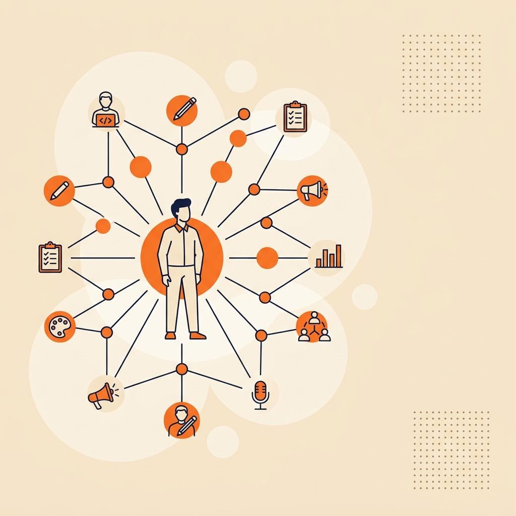A flat illustration of a figure at the center of a radiating network of role icons, symbolizing a career role within a team — cover image for "Client Service & Operations Jobs India: Job Description, Salary, Skills & How to Get Hired"