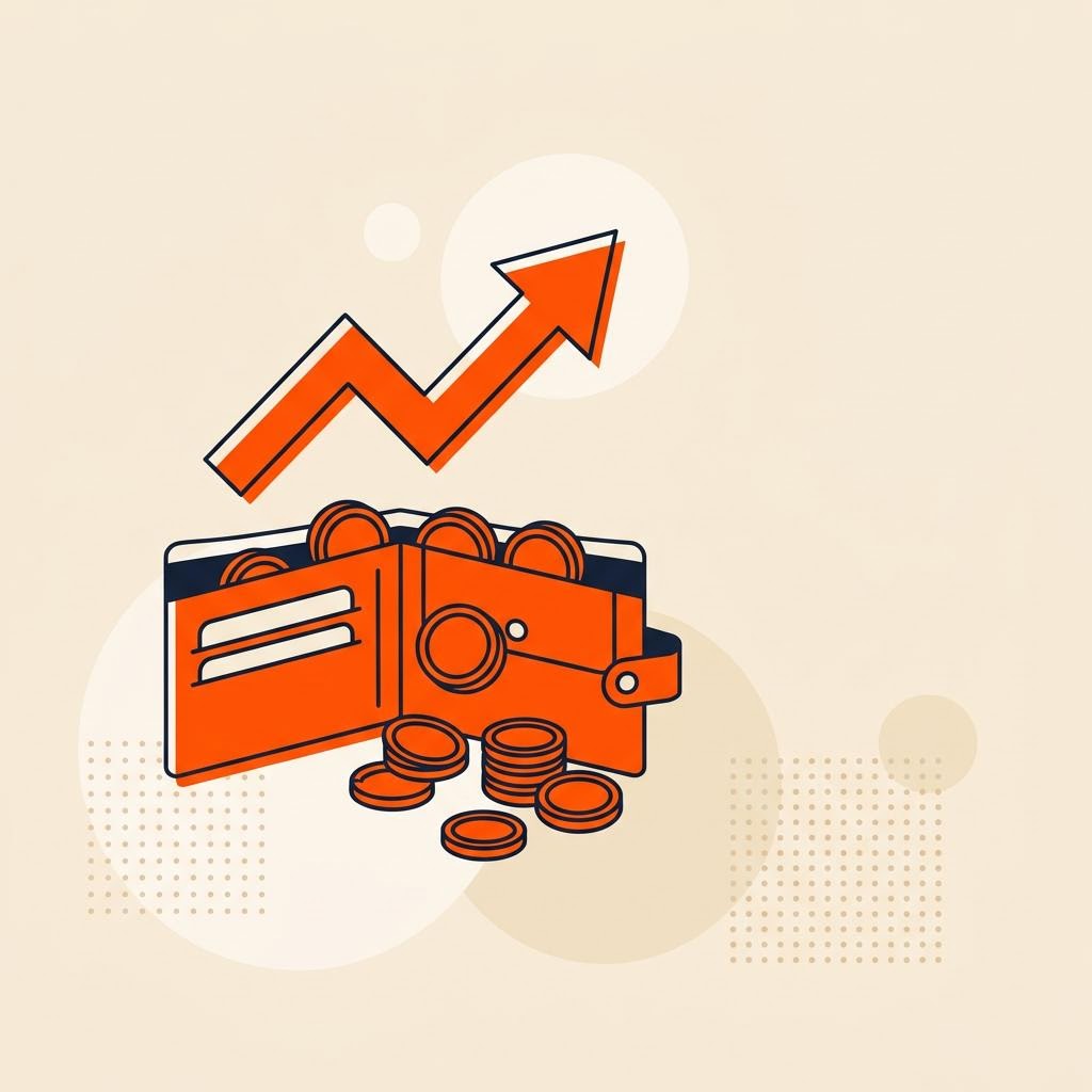 A flat illustration of an open wallet with coins spilling out beneath a rising arrow, symbolizing salary growth — cover image for "MFD Income India: How Much Do Mutual Fund Distributors Actually Earn"