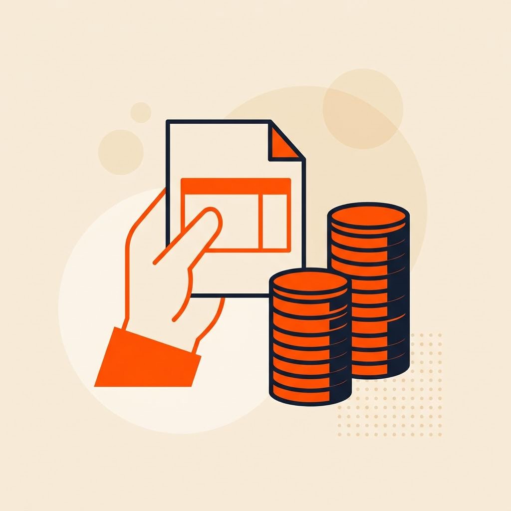 A flat illustration of a hand holding a payslip beside stacked coin towers, symbolizing compensation and pay — cover image for "Wealth Management Compensation Structure: Fixed vs Variable Pay Explained"