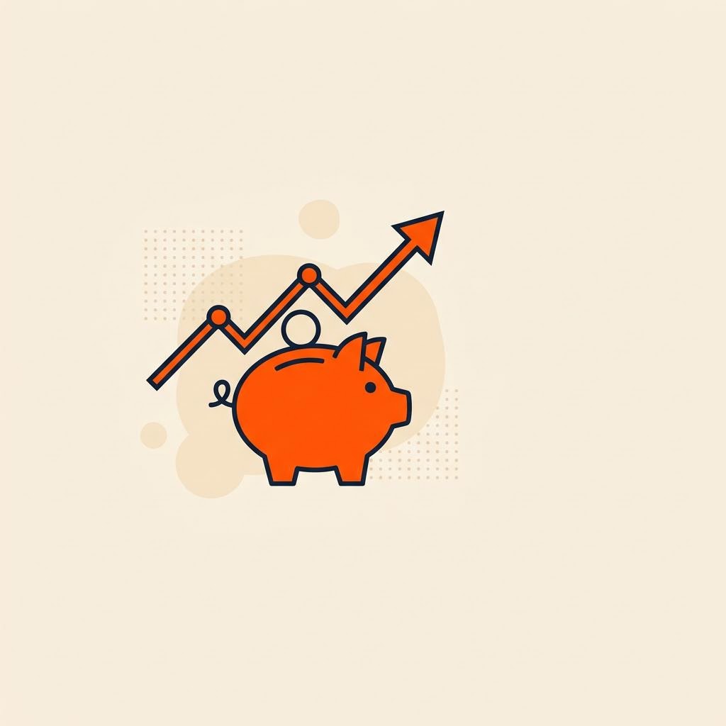 A flat illustration of a piggy bank beside an ascending line graph, symbolizing earnings and savings growth — cover image for "RIA Fees India: Fee Models and Realistic Earnings"