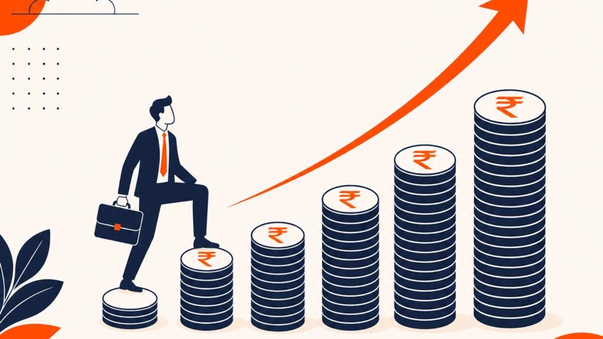 A flat illustration of a professional climbing a rising bar chart made of coin stacks, symbolizing salary growth — cover image for "Finance Salary Negotiation India: A Guide for Certified Professionals"