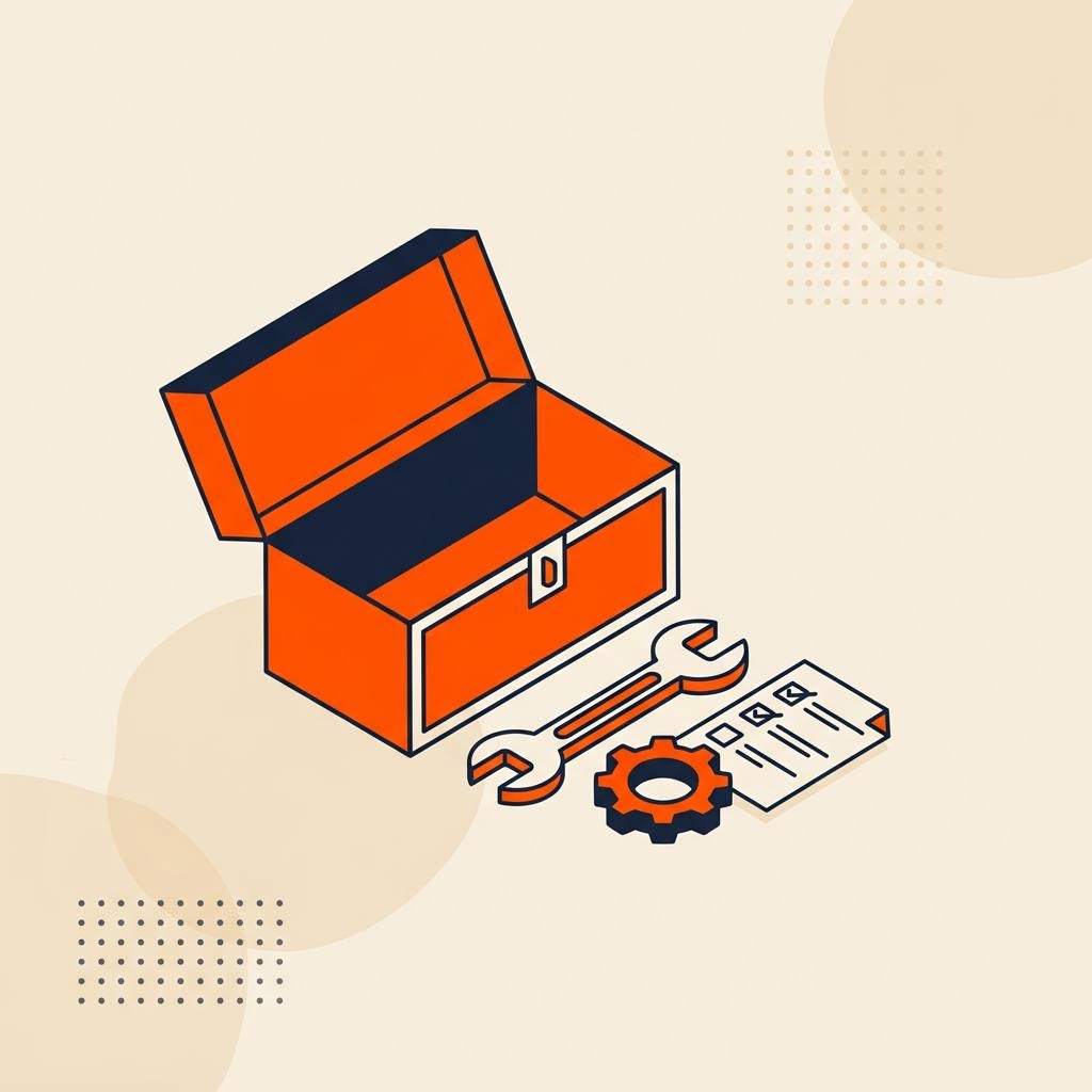 A flat illustration of an open toolbox with a wrench and gear beside a checklist, symbolizing practical skill-building — cover image for "How to Make a Financial Plan: A Walkthrough for Your First One"