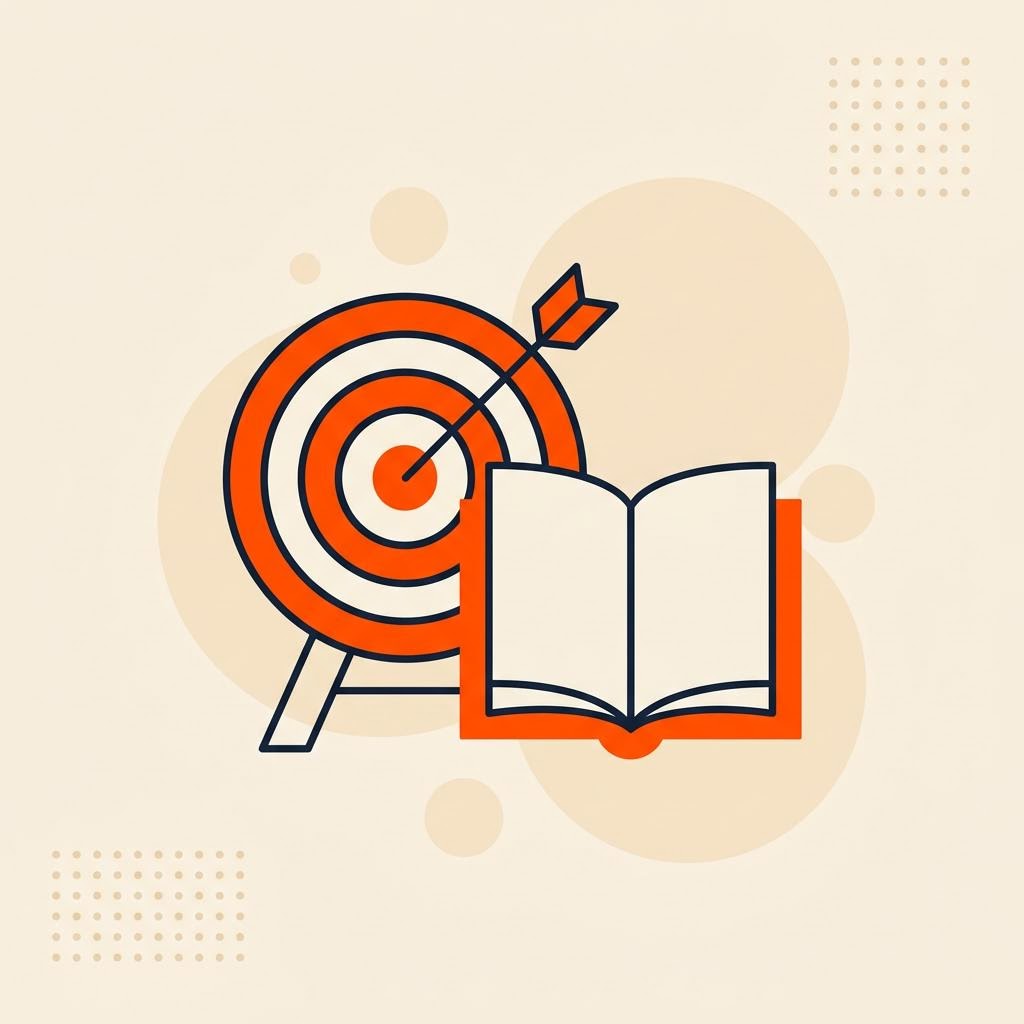 A flat illustration of a target with an arrow at its center beside an open book, symbolizing focused skill practice — cover image for "First 90 Days Financial Advisor: A Plan for Your New Advisory Role"