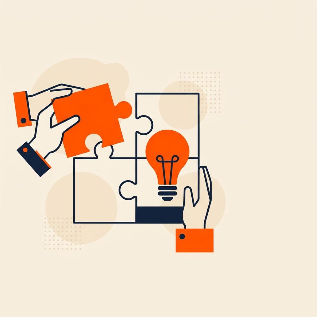 A flat illustration of hands assembling puzzle pieces beside a lightbulb, symbolizing building competency — cover image for "Goal Based Financial Planning vs Product Selling"