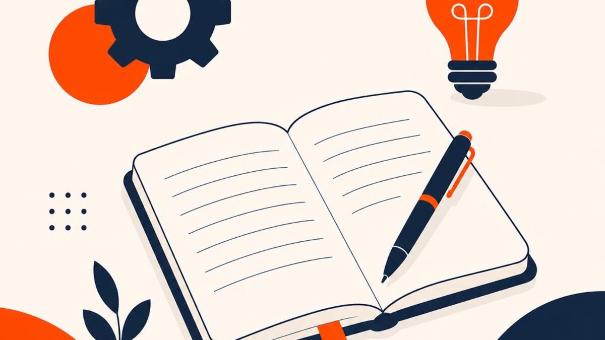 A flat illustration of an open notebook, a gear, and a lightbulb, symbolizing building practical skills — cover image for "Financial Planner Skills: The Core Ones Every Advisor Needs"