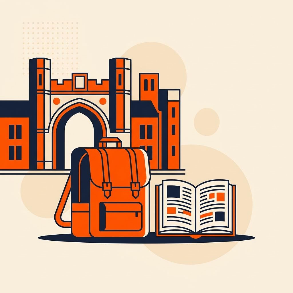 A flat illustration of a backpack and open textbook in front of a university archway, symbolizing student life — cover image for "Finance Career for Students India: A Personal Finance Guide"