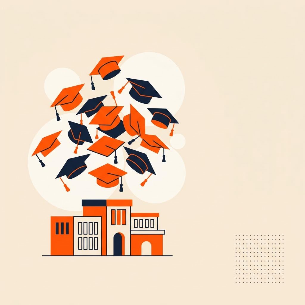 A flat illustration of graduation caps thrown in the air in front of a campus building, symbolizing graduating students — cover image for "Finance Placements India: Personal Finance vs Traditional Finance Outcomes"