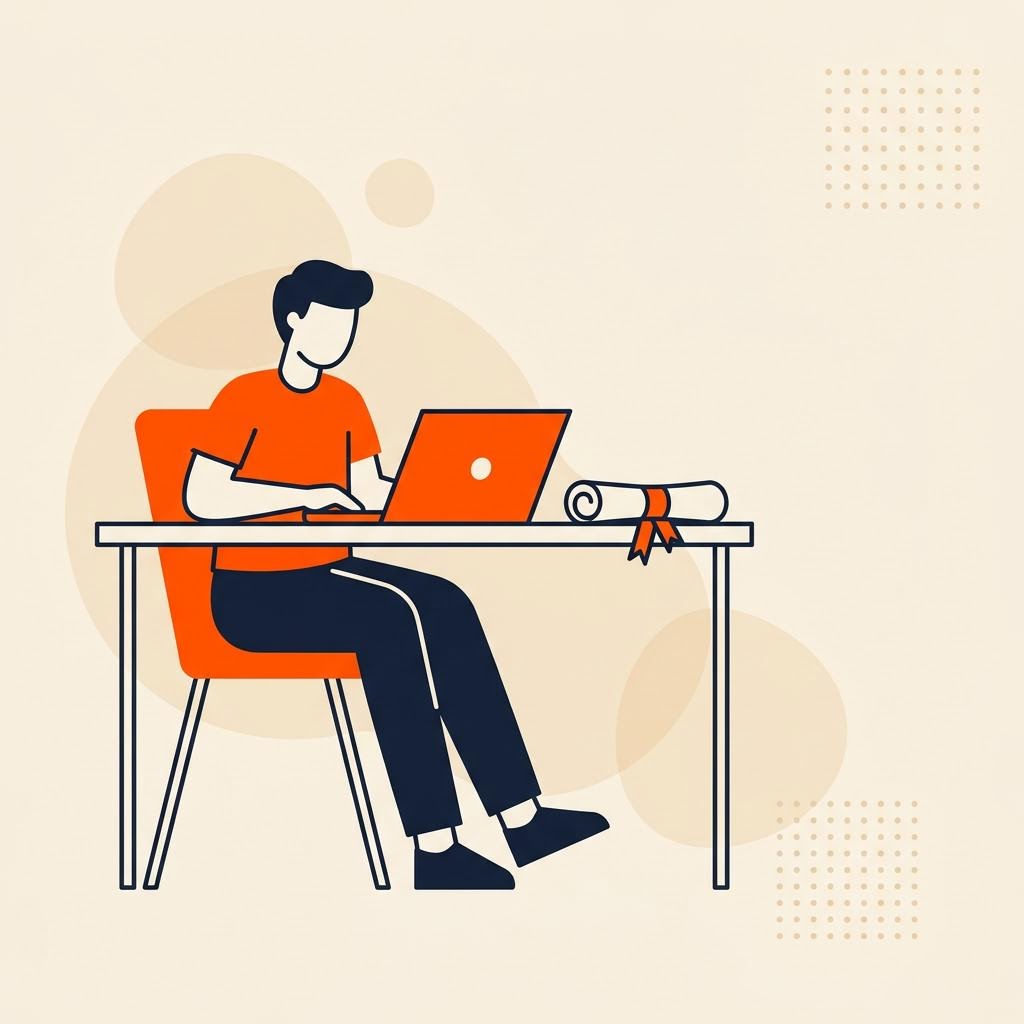 A flat illustration of a student at a desk with a laptop and a diploma, symbolizing university learning — cover image for "Personal Finance Curriculum Universities Should Teach"