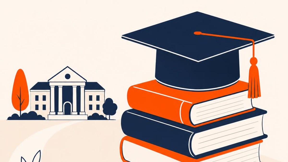 A flat illustration of a graduation cap on a stack of books in front of a campus building, symbolizing student life — cover image for "Finance Internships India Students Should Actually Target"